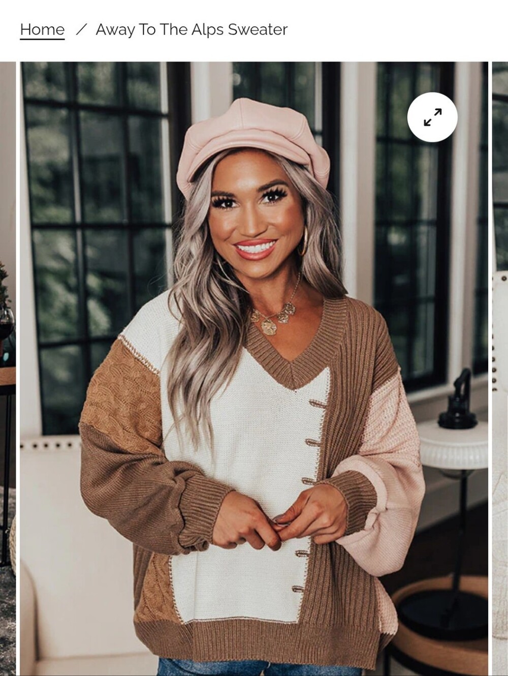 Impressions Colorblock V-Neck Sweater in Cream, Tan & Pink